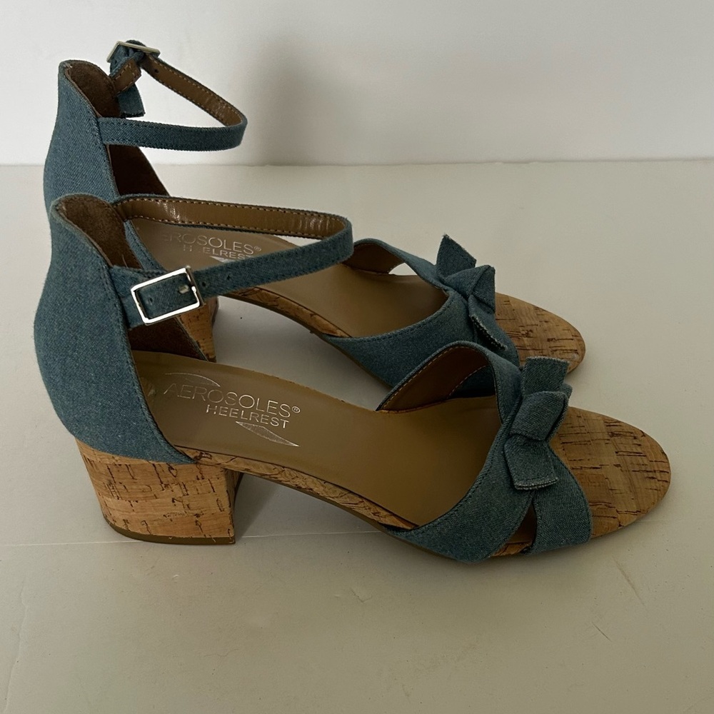 Aerosoles Heelrest Cuff Link Blue Denim Cork Ankle Strap Heels Size‎ 8